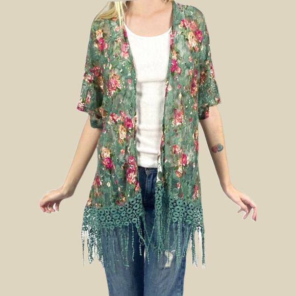 Sweet Rain Sage Floral Mesh Fringe Cardigan Cover Up Shawl Sz Medium - Picture 1 of 11